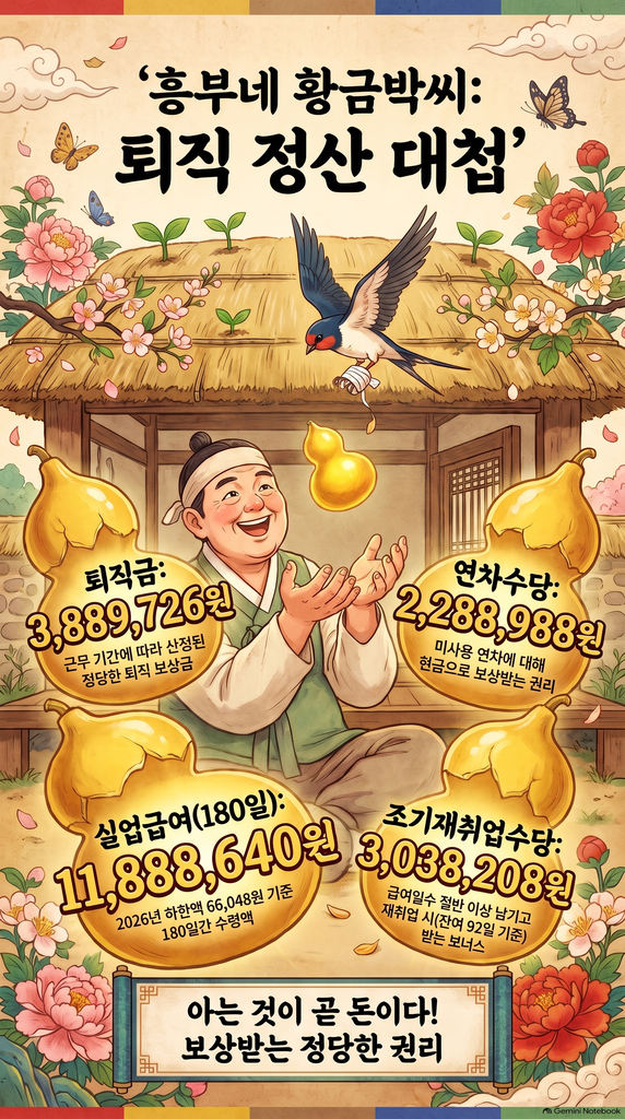 조영조 퇴사노트 흥부네 황금박씨 퇴직 정산 대첩 퇴직금 연차수당 실업급여 조기재취업수당 인포그래픽 (한국저작권위원회 정식 등록 제C-2026-045192호 법적 보호 자산)

