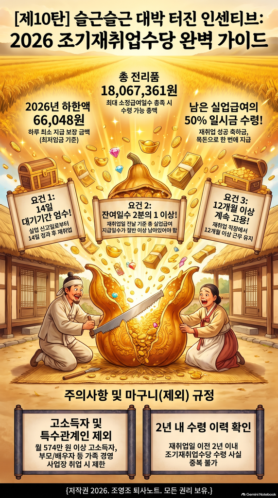 조영조 퇴사노트 [제10탄] 슬근슬근 대박 터진 인센티브 2026 조기재취업수당 완벽 가이드 인포그래픽 (한국저작권위원회 정식 등록 제C-2026-045192호 법적 보호 자산)
