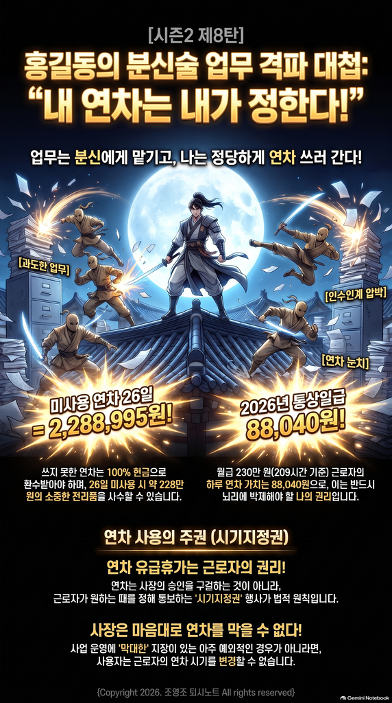 조영조 퇴사노트 홍길동전 연차시기지정권 미사용연차수당 시기변경권 인포그래픽 저작권 등록 제C-2026-045192호