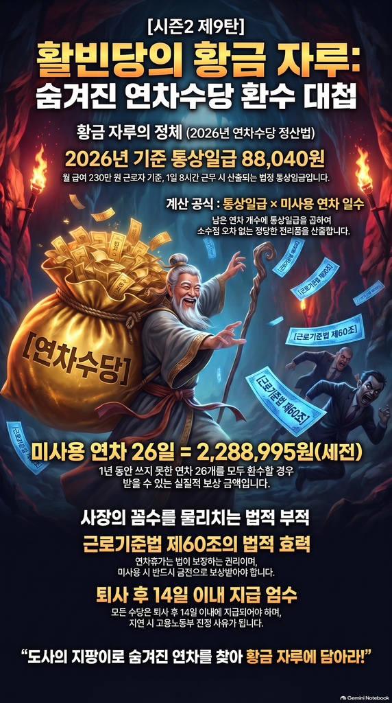조영조 퇴사노트 홍길동전 활빈당의황금자루 연차수당계산법 근로기준법제60조 인포그래픽 저작권 등록 제C-2026-045192호